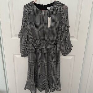 CALVIN KLEIN | Black & White Houndstooth Checked Ruffle Dress - EUC | Size 2
